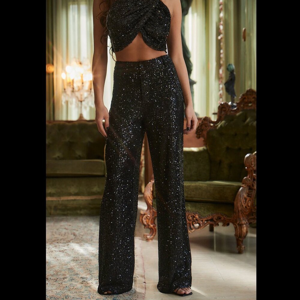 Dusk Til Dawn Black Sequin Trousers and Caress Sleeveless Black Sequin Top